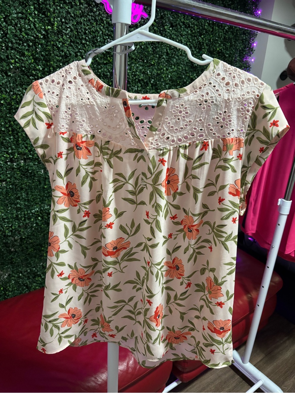 Daniel Rainn Cream Floral Eyelet Yoke Top with Coral Flowers